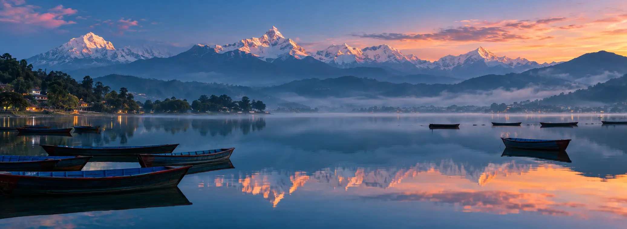 Boats resting on Phewa Lake with mountains reflected at dawn in Pokhara