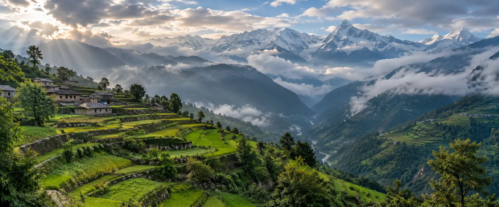 Green terraced hills and a traditional stone village beneath the Nepal Himalaya
